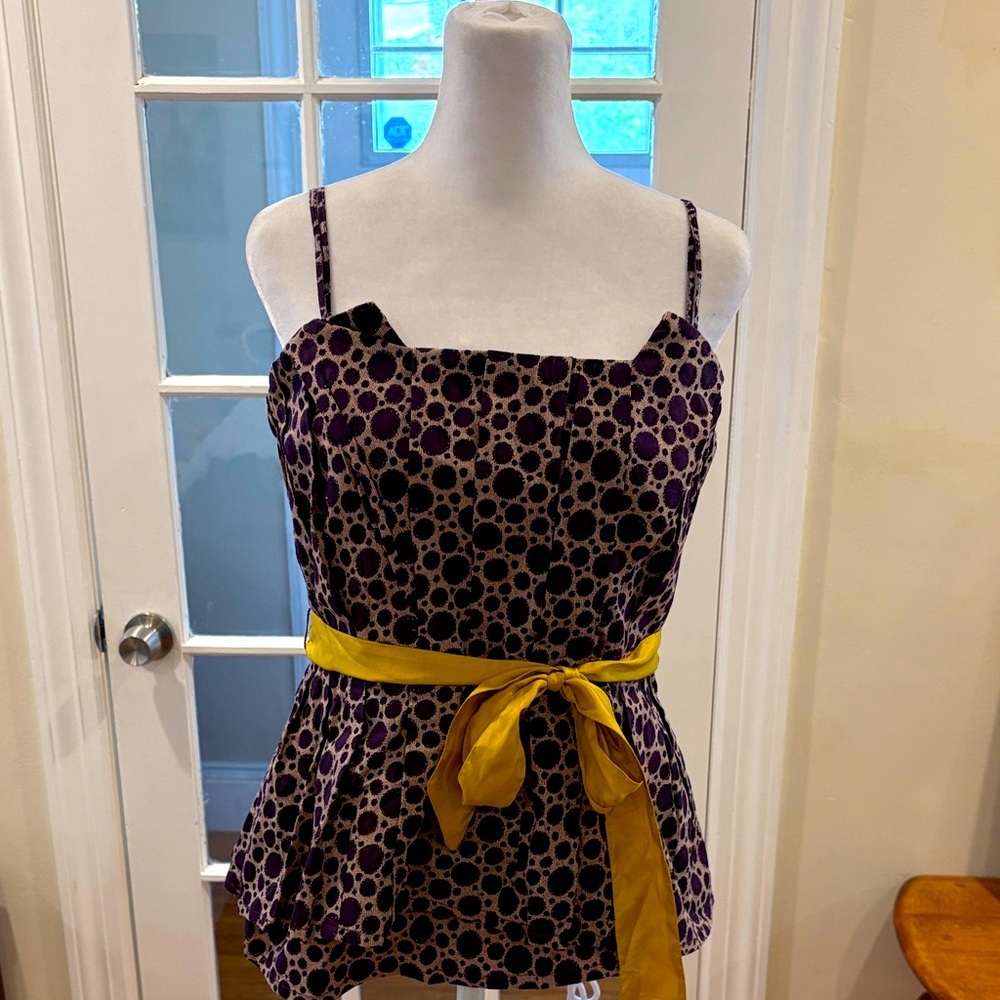 Anthropologie Maeve Purple Polka Dot Peplum Corseted Top w/Gold Sash. Size 12.
